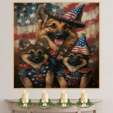 Patriotic German Shepherd Mom and Puppies Dressed in USA Outfits with Flag Background on Ready to Hang 1.5" Thick Canvas Wrap, Floating Framed Canvas, Flat Rolled Canvas